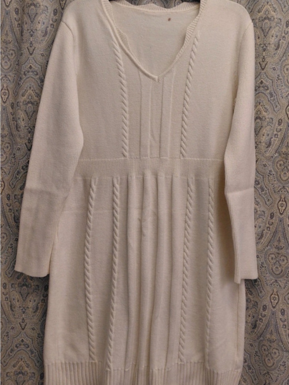 Cream Cable-Detail V-Neck Midi Sweater Dress